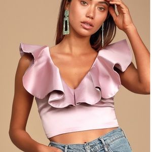 Openhearted Mauve Pink Satin Ruffled Crop Top